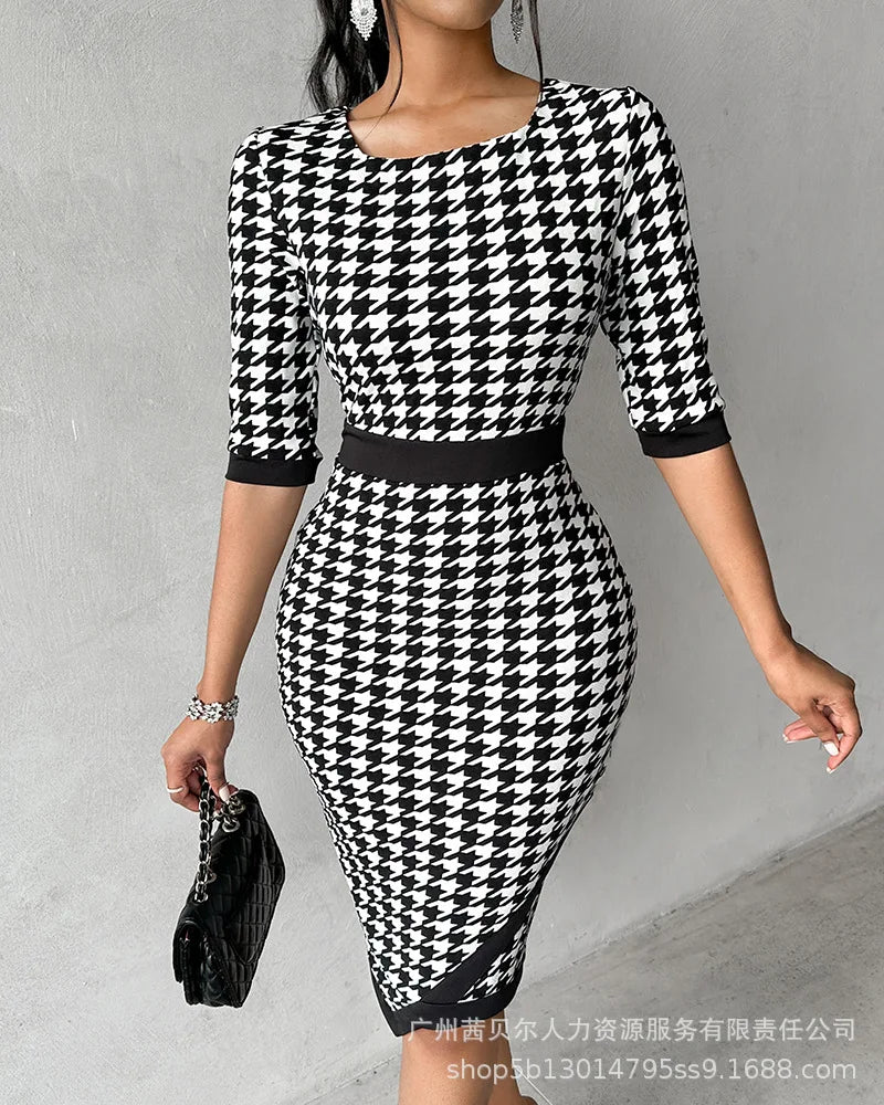 Women's Clothing New Houndstooth Printing Color Contrast Style Dress Midi Knee Length Office Half Sleeve Square Neck Dress