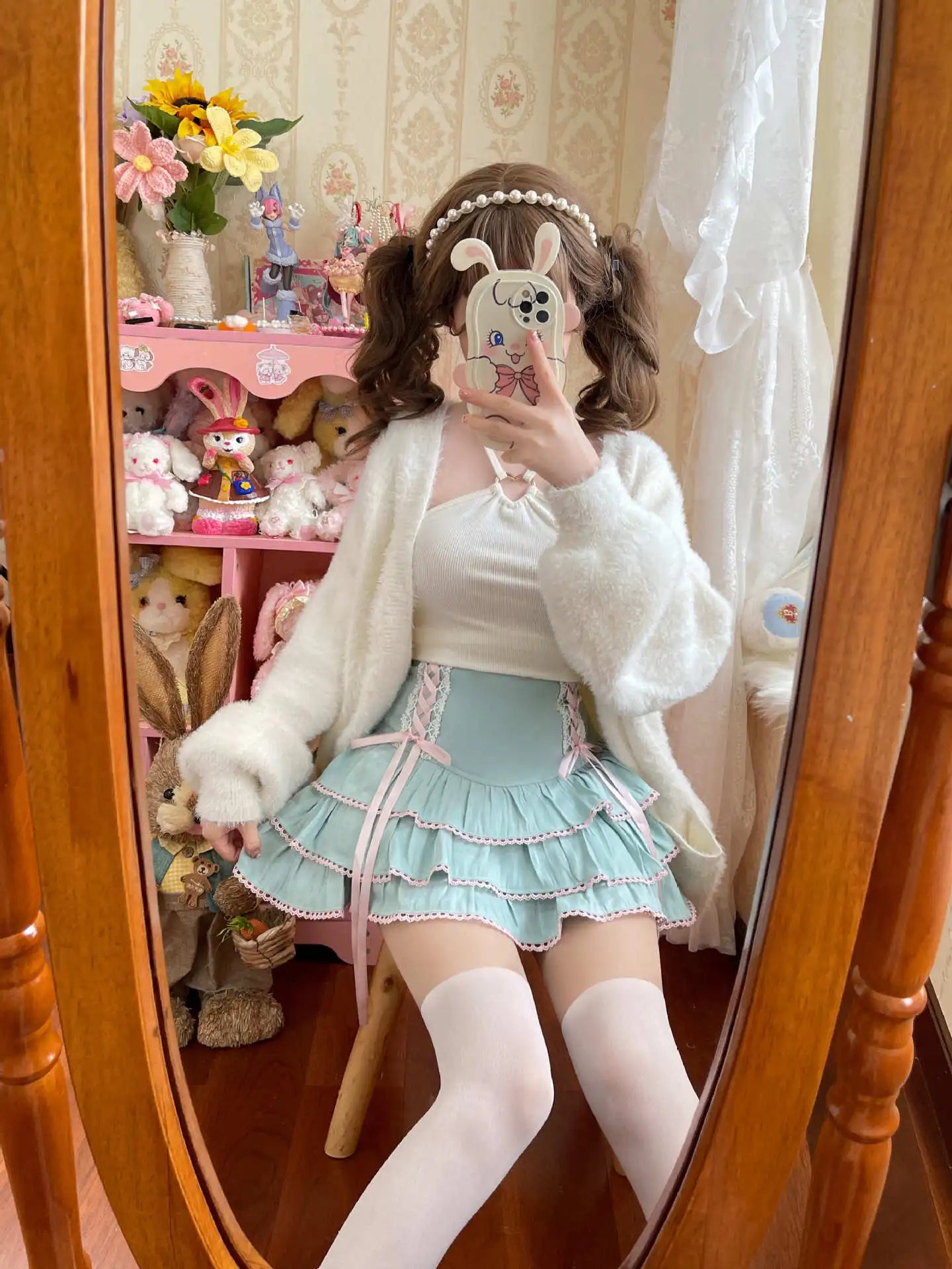 Japanese Harajuku Girls Kawaii Lace Pleated Skirts Women High Waist Bow Lace-up Fairy Y2k Aesthetic Cute Cake Mini Skirts