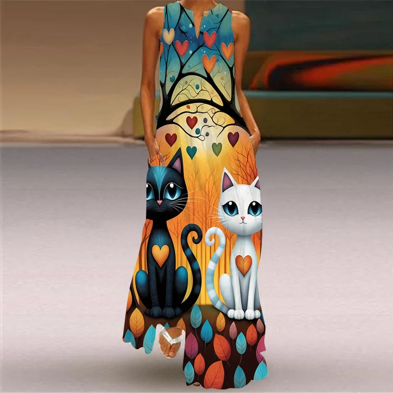 Summer Women's Artistic Retro Sleeveless V-neck Pullover Print Sexy Dress Long Skirt Women's Loose Waist Oversized Swing Skirt