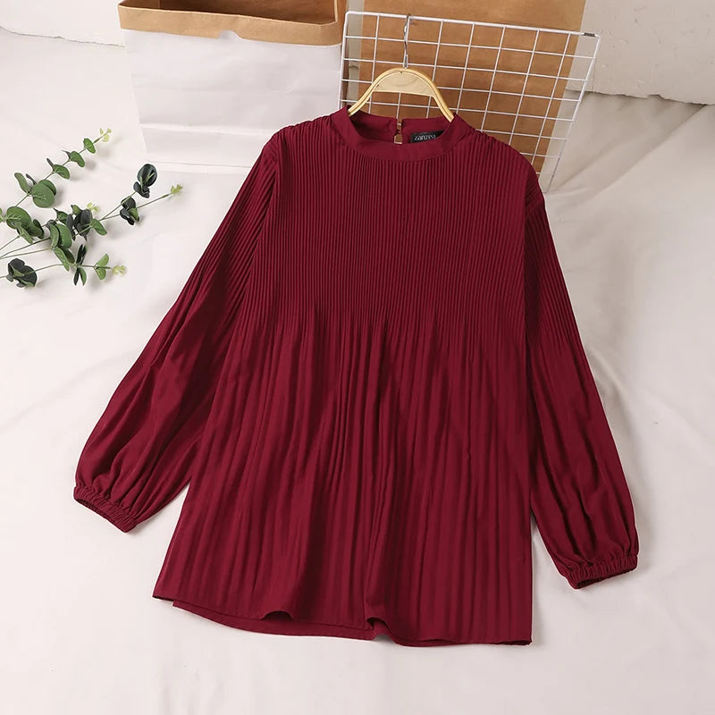 ZANZEA Muslim Islamic Pleated Long Blouses Women Autumn Long Sleeve O Neck Casual Blusas Mujer Fashion Solid Color Tunic Tops