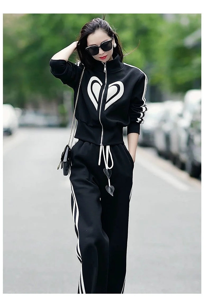 Women's 2024 Autumn Winter New Casual Sports Suit Stand Collar Zippered Sweater Coat Tops Wide Leg Pants Two Piece Set Plus Size