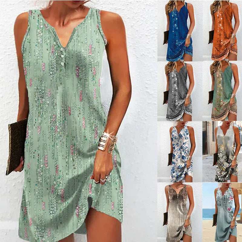 Summer Women's Printed V-Neck Sleeveless Fashion Dress Sexy Flower Mini Dresses Vintage Clothes Vest Ropa Elegant Vestidos 2024