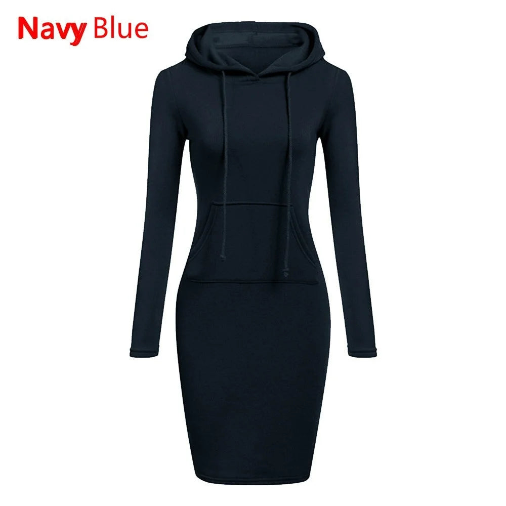 Fashion Women Vintage Hoodie Dress Autumn Winter Long Sleeve Casual Hooded Street Solid Pullover Office Ladies Female Dress