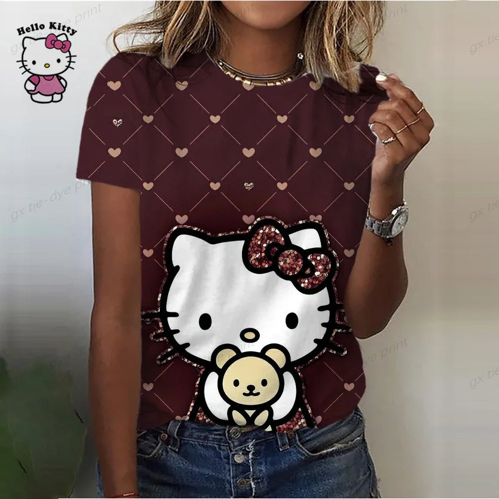 Summer Women Hello Kitty T-shirt 3D Fashion Printing Harajuku T Shirt Oversized Girls Tee Clothing New Short Sleeve O-Neck Top