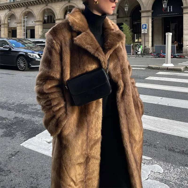 Lapel Collar Fashion Woman Long Sleeves Faux Fur Coat Classic Solid Color Fluffy Warm Overcoat New Lady Winter Street Outerwear