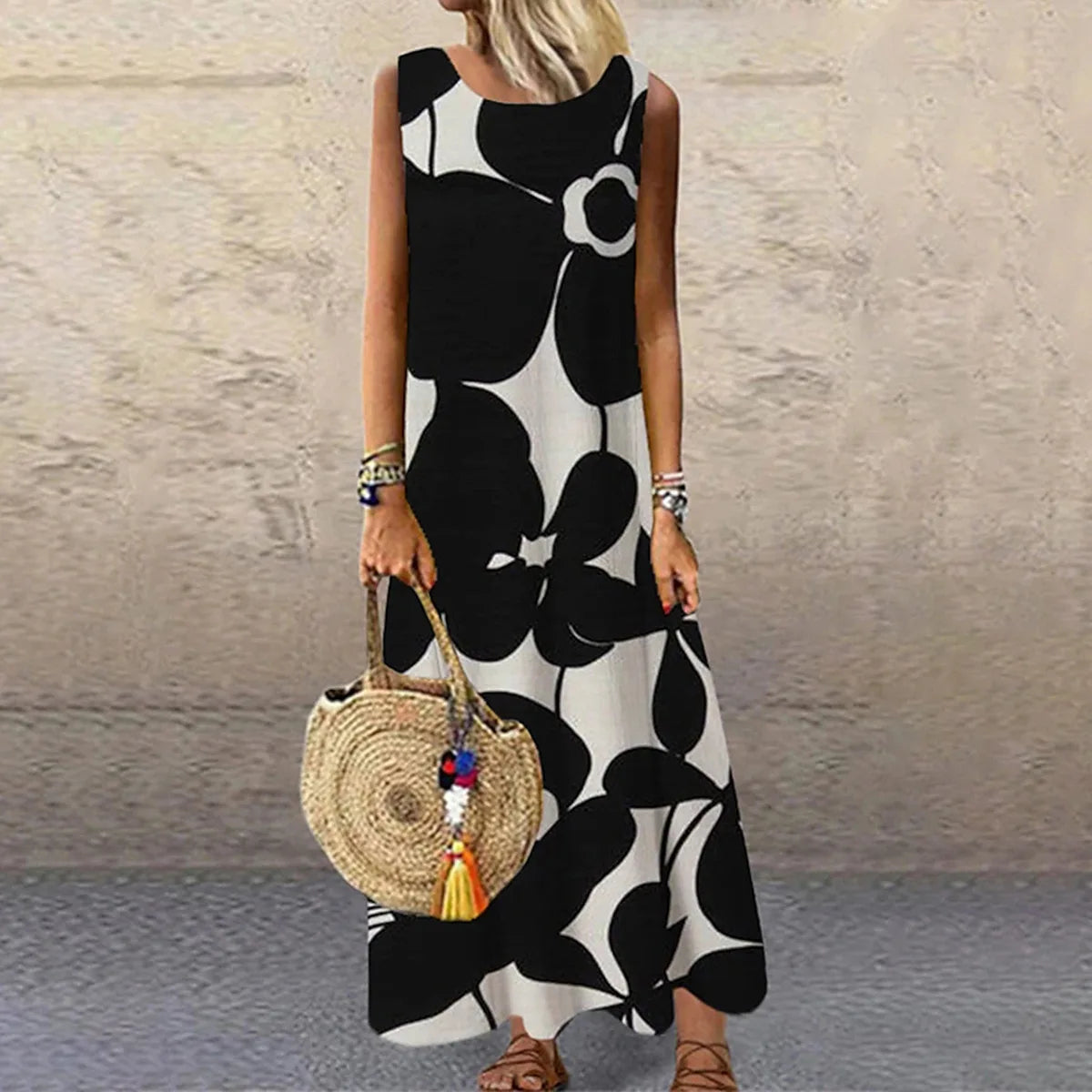 Europe and the United States fashion women's temperament commuter print round neck mid-length sleeveless dress