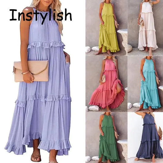 Women Casual Solid Ruffles Long Dress Summer Elegant Sleeveless Sundress Elegant Harajuku Maxi Dress Beach Party Evening Vestido