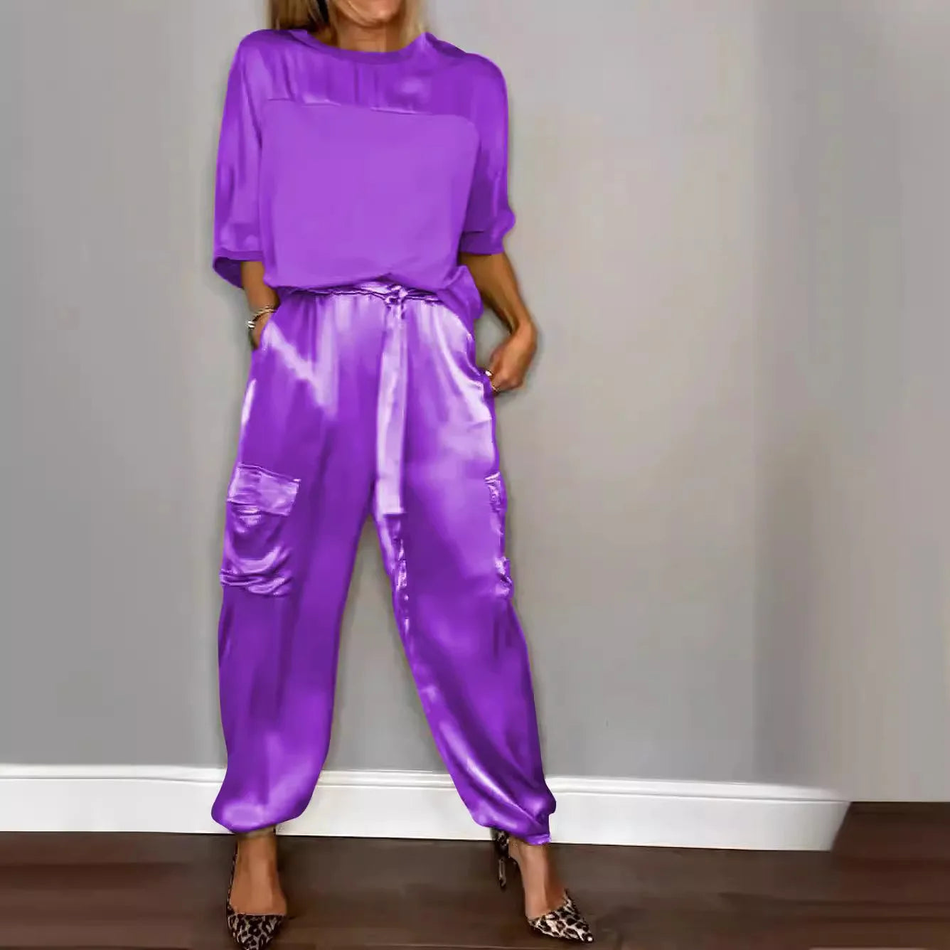 Casual Satin Shirt Pant Sets Women Fashion Pure Color Pocket Pant 2 Piece Sets Women Outfit Summer Loose Shirts Suit Ladies