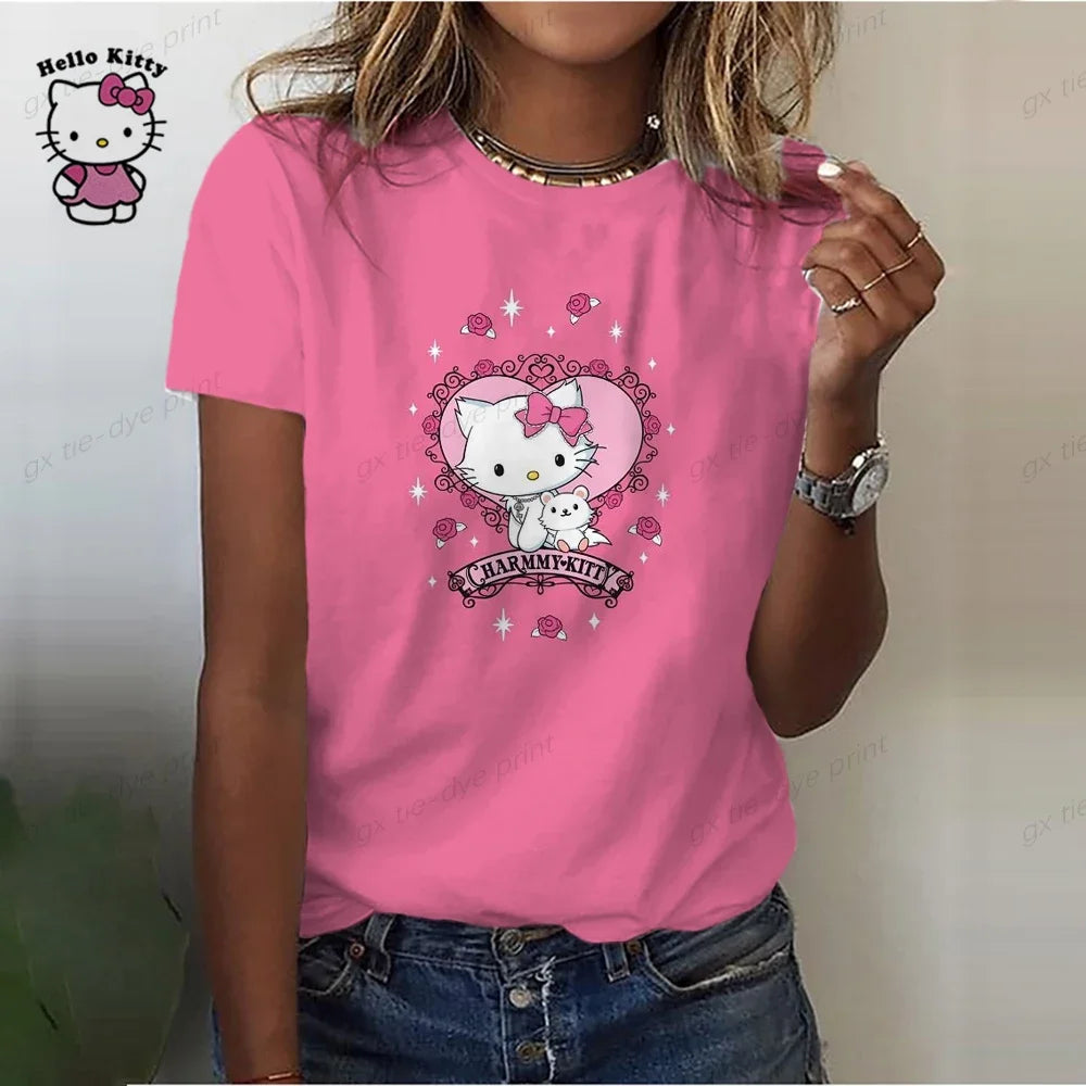 Summer Women Hello Kitty T-shirt 3D Fashion Printing Harajuku T Shirt Oversized Girls Tee Clothing New Short Sleeve O-Neck Top