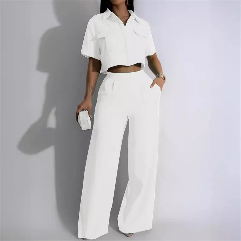 Solid Elegant Pant Sets Womens 2 Piece Outfit Summer 2024 Turn-down Collar Button Up Pockets Shirt Top and Wide Leg Pants Suit