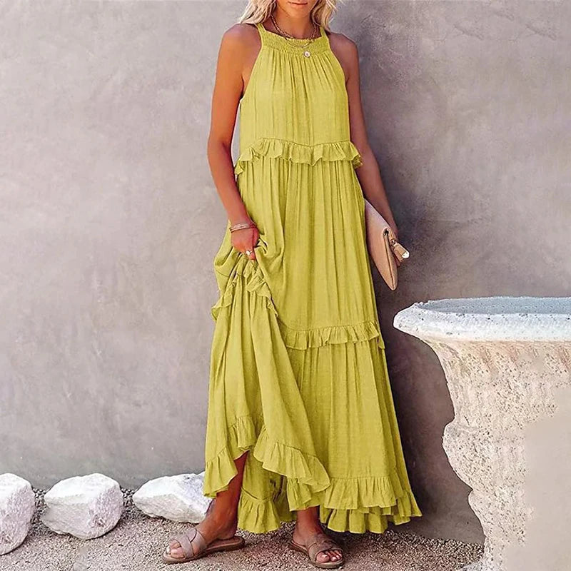 Women Casual Solid Ruffles Long Dress Summer Elegant Sleeveless Sundress Elegant Harajuku Maxi Dress Beach Party Evening Vestido