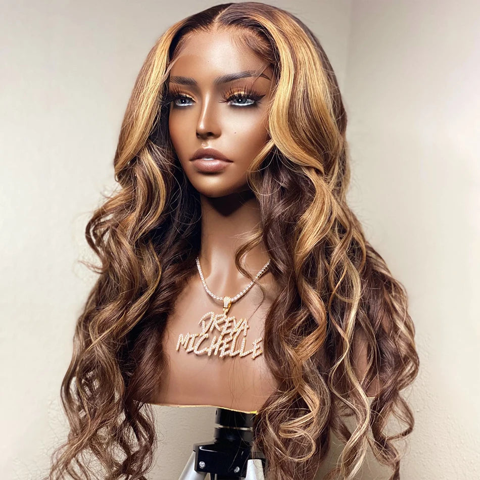 Colored Highlight Body Wave 13x6 HD Transparent Lace Front Human Hair Wigs Honey Blonde 13x4 Water Wave Frontal Wig For Women