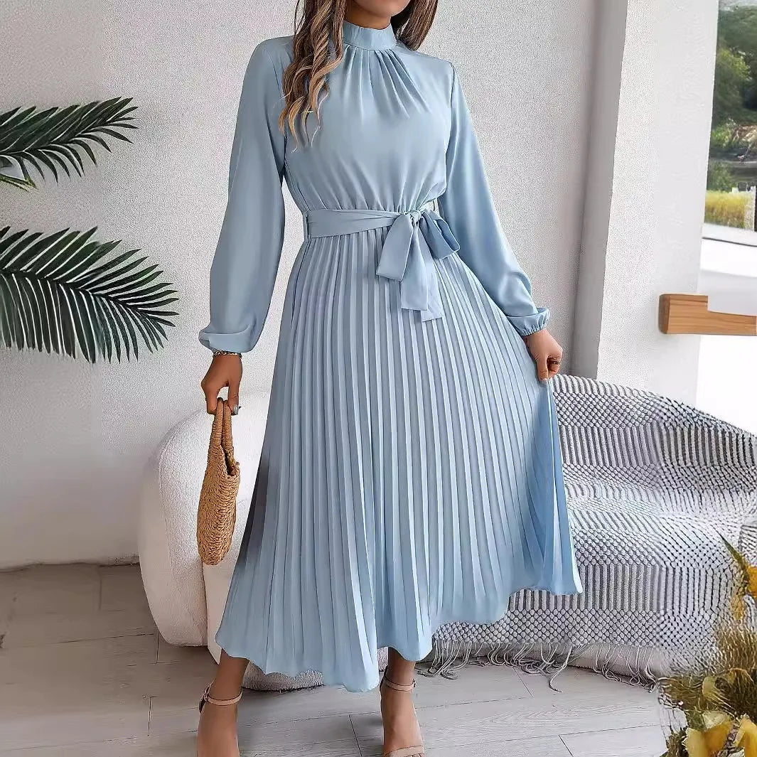 Elegant Women's Solid Color Pleated Lace Up Autumn And Winter Dresses Fashionable Women's Standing Collar Long Sleeved Dress