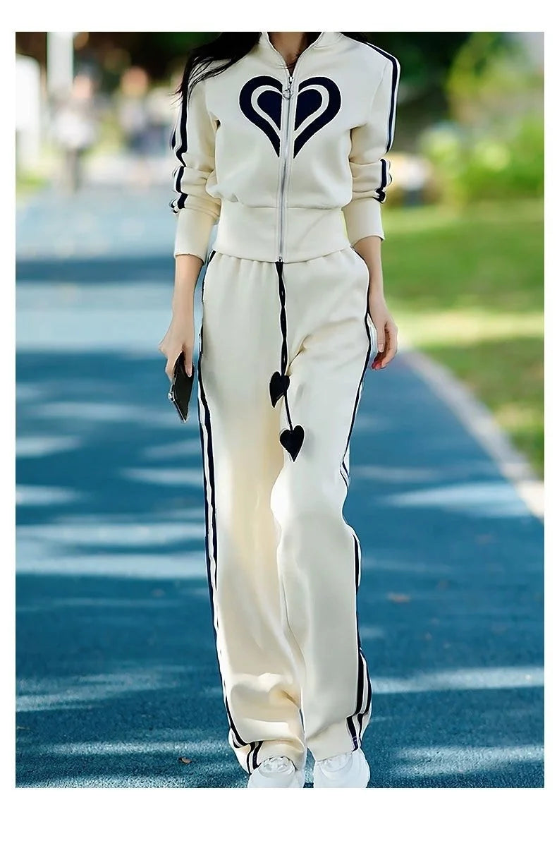 Women's 2024 Autumn Winter New Casual Sports Suit Stand Collar Zippered Sweater Coat Tops Wide Leg Pants Two Piece Set Plus Size