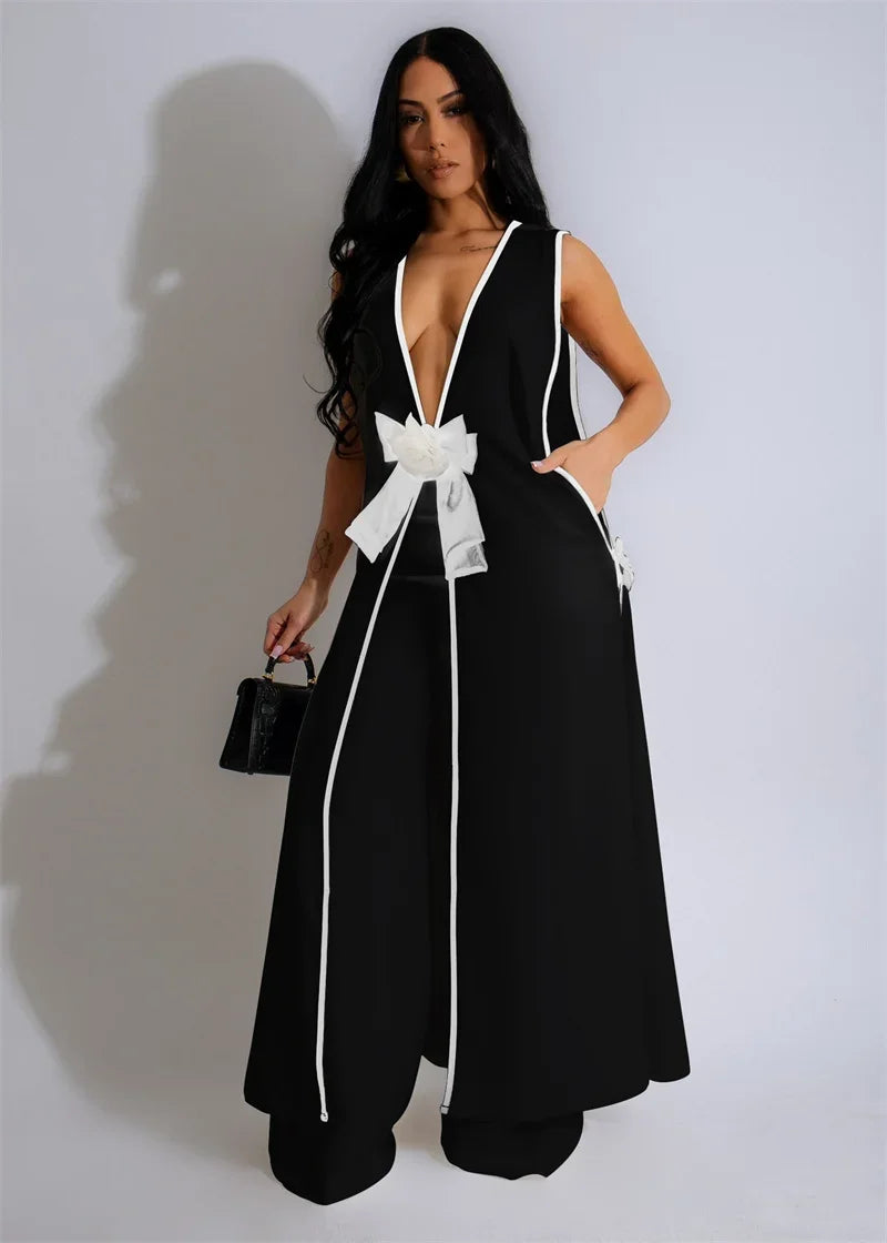 Bow Tie Appliques V-neck Sleeveless Long Top and Wide Leg Pants Matching Sets Women Two Piece Set Elegant Vintage Club Outfits