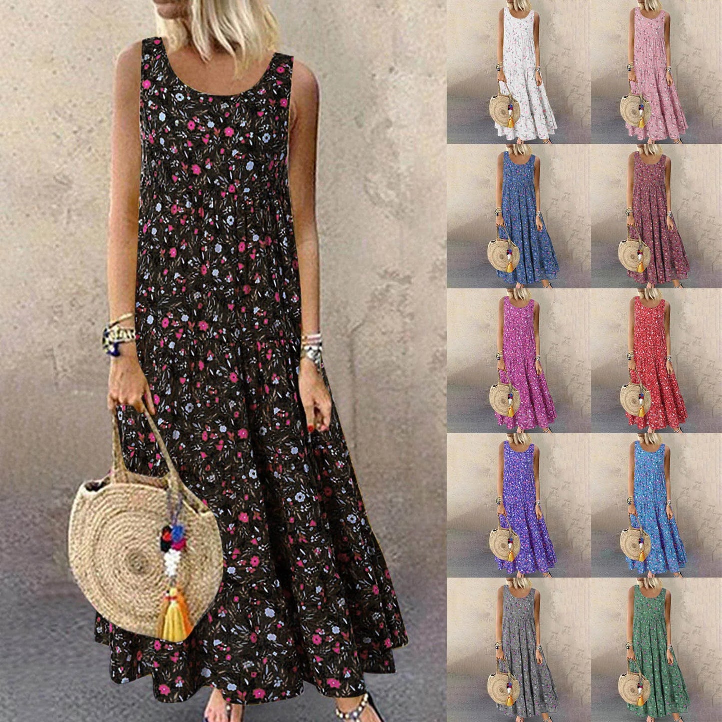 Women Floral Print Bohemian Casual Dress 2024 New Summer Sleeveless O-Neck Plus Size Dress Holiday Beach Large Sundress 4XL 5XL