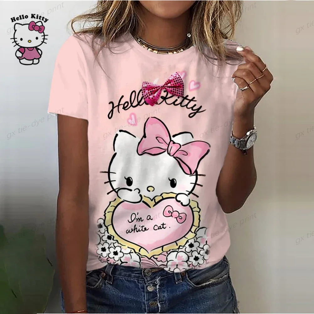 Summer Women Hello Kitty T-shirt 3D Fashion Printing Harajuku T Shirt Oversized Girls Tee Clothing New Short Sleeve O-Neck Top