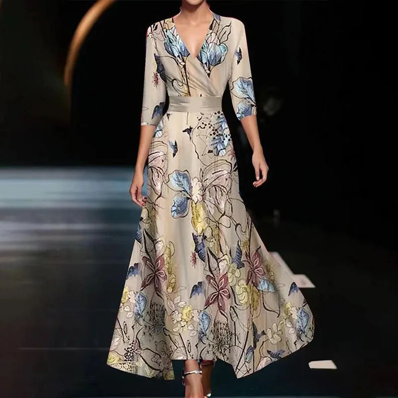 Vintage Dress Women 2024 Sexy Spring V Neck Printed Hem Boho Maxi Dress Elegant Fashion Half Sleeved Waist Cinching Party Dress