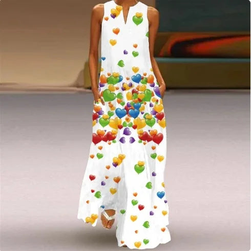 2024 Personalized Street Pocket Retro Printed Long Dress V-neck Pullover Multi Color Long Sexy Sleeveless Dress for Women