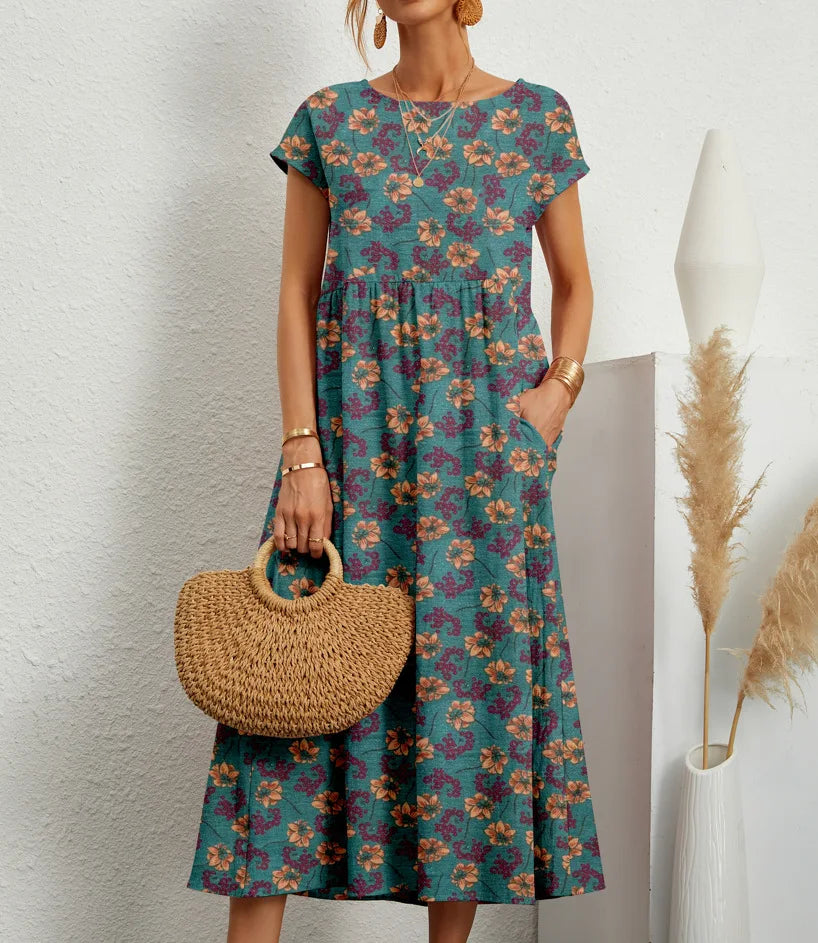 Elegant and fashionable women's cotton and linen dress, round neck printed short sleeved A-line skirt, unique floral long skirt