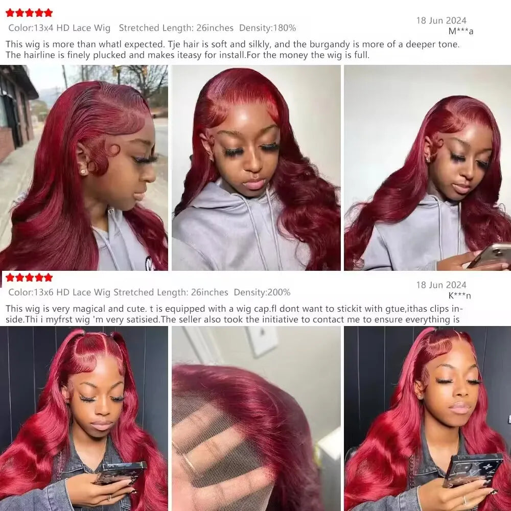 Body Wave Wig Burgundy 99J Lace Front Wig 13x4 13x6 HD Lace Frontal Wig Human Hair Pre Plucked 99j Red Colored Wig