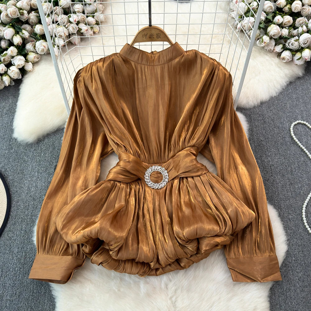 XFPV Sweet Blouse Long Sleeve Rose Pink Waist Tie Up Pleated Shirt Luxury Top For Women Korean Fashion Tide Summer 2024 SM11126