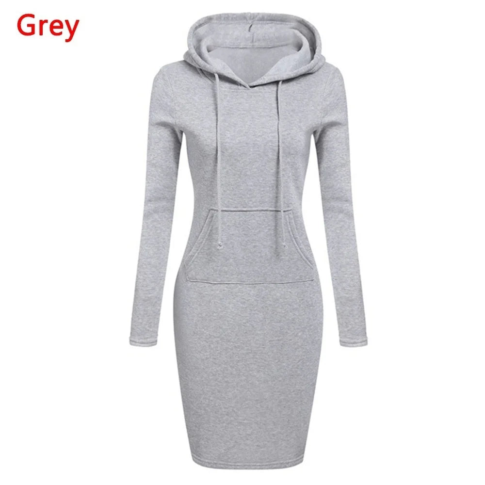 Fashion Women Vintage Hoodie Dress Autumn Winter Long Sleeve Casual Hooded Street Solid Pullover Office Ladies Female Dress