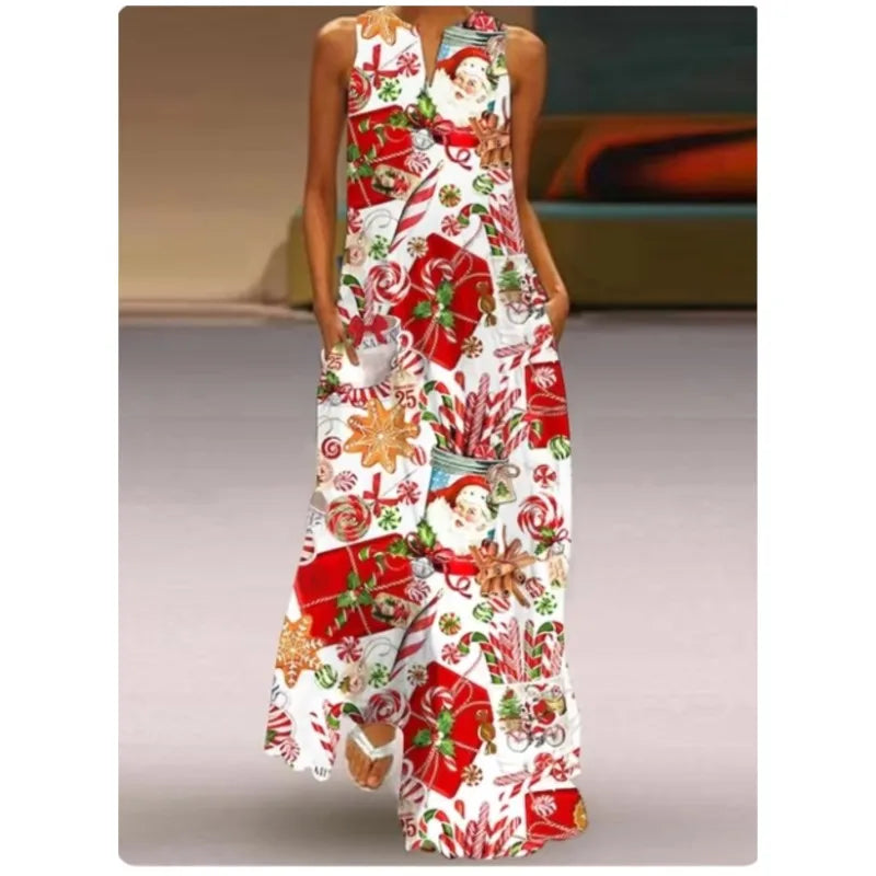 2024 Personalized Street Pocket Retro Printed Long Dress V-neck Pullover Multi Color Long Sexy Sleeveless Dress for Women