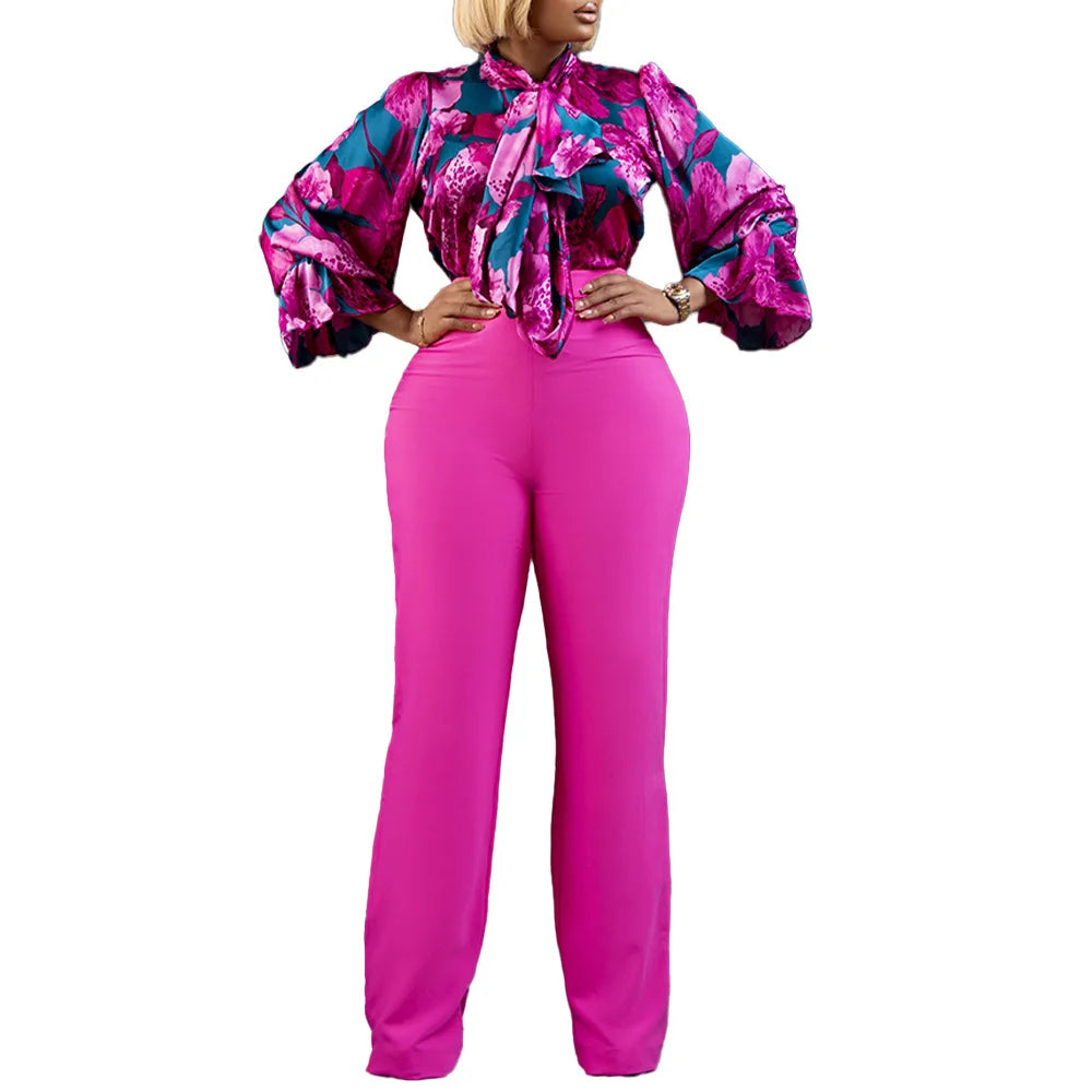 2 Pieces Women's Sets Summer Autumn Flower Print Blouse Shirt Suit Tops And Pants Suits Dashiki African Set Tracksuit Outfit