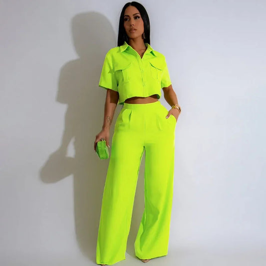 Solid Elegant Pant Sets Womens 2 Piece Outfit Summer 2024 Turn-down Collar Button Up Pockets Shirt Top and Wide Leg Pants Suit