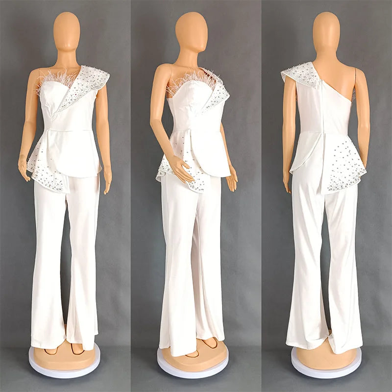 Elegant Jumpsuits for Women One Shoulder Sleeveless Beading Diamonds Wide Leg Pants One Piece Outfit Occasion Party Clothing