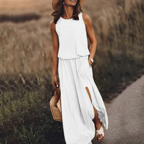 Customizable Casual Women Summer Party Long Dress Sleeveless Slit Dress Office Lady Fashion O-neck Off Shoulder Solid Dresses