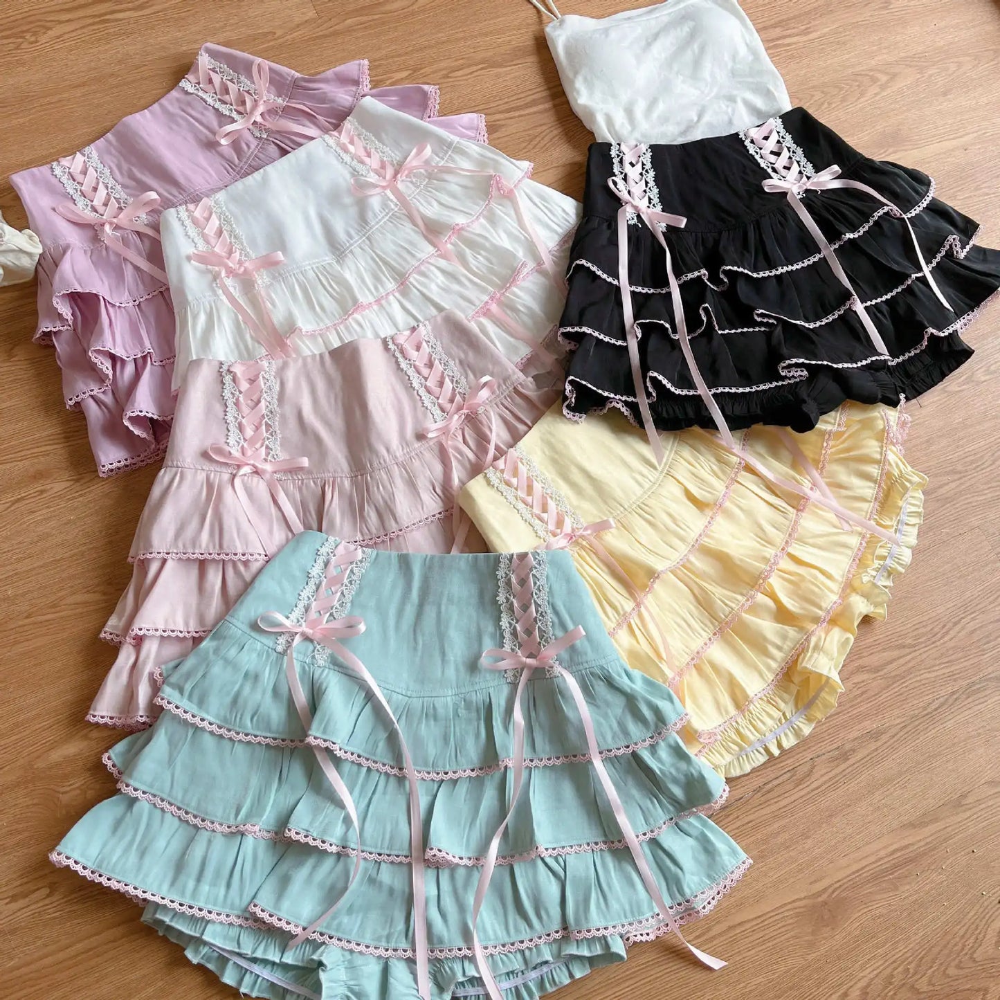 Japanese Harajuku Girls Kawaii Lace Pleated Skirts Women High Waist Bow Lace-up Fairy Y2k Aesthetic Cute Cake Mini Skirts