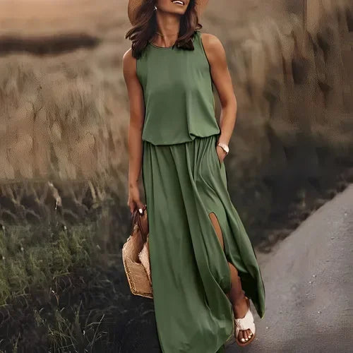 Customizable Casual Women Summer Party Long Dress Sleeveless Slit Dress Office Lady Fashion O-neck Off Shoulder Solid Dresses