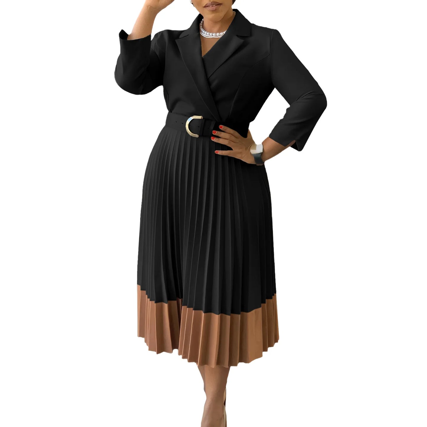 Winter Fashion Elegant Pleated A-line Dress African Women Casual Office Ladies Lapel Long Sleeved Belt Pleated Dress Women