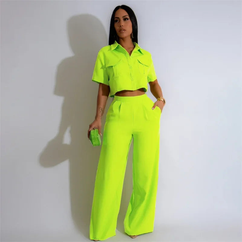 Solid Elegant Pant Sets Womens 2 Piece Outfit Summer 2024 Turn-down Collar Button Up Pockets Shirt Top and Wide Leg Pants Suit