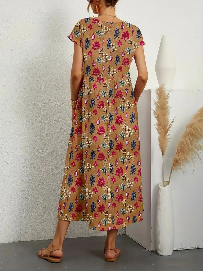 Elegant and fashionable women's cotton and linen dress, round neck printed short sleeved A-line skirt, unique floral long skirt