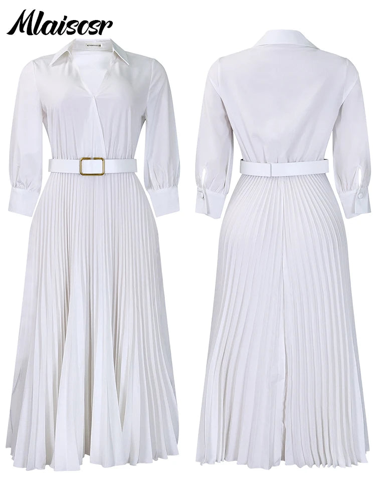 Mlaiscsr Gowns African Pleated White Dresses With Belt for Women 3/4 Sleeve V-neck Elegant Office Lady Work Party Evening Robe