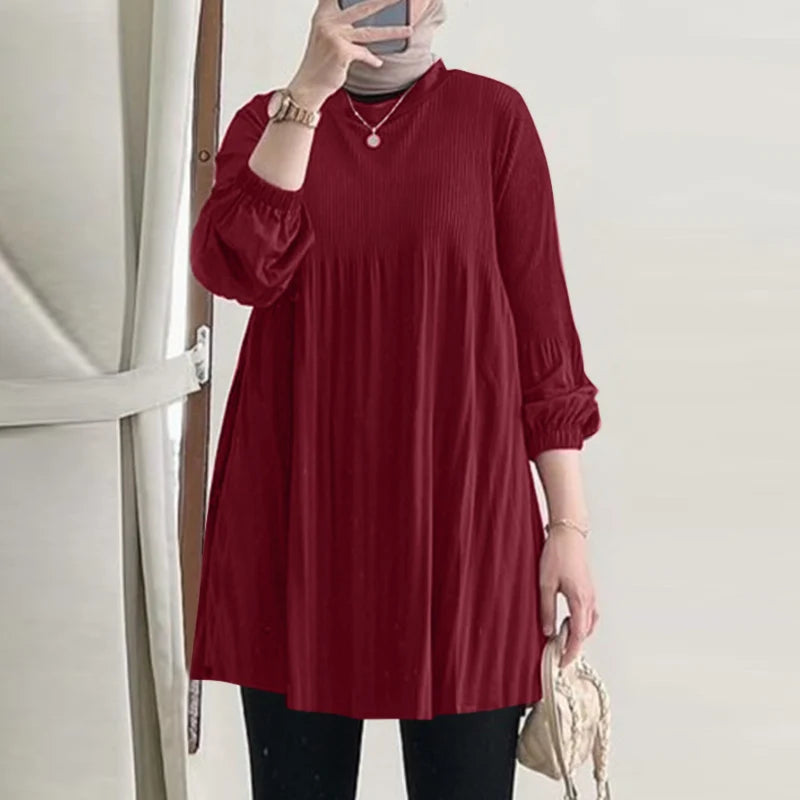 ZANZEA Muslim Islamic Pleated Long Blouses Women Autumn Long Sleeve O Neck Casual Blusas Mujer Fashion Solid Color Tunic Tops