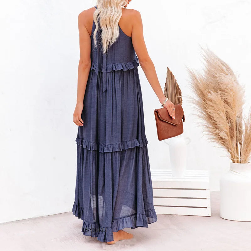 Women Casual Solid Ruffles Long Dress Summer Elegant Sleeveless Sundress Elegant Harajuku Maxi Dress Beach Party Evening Vestido