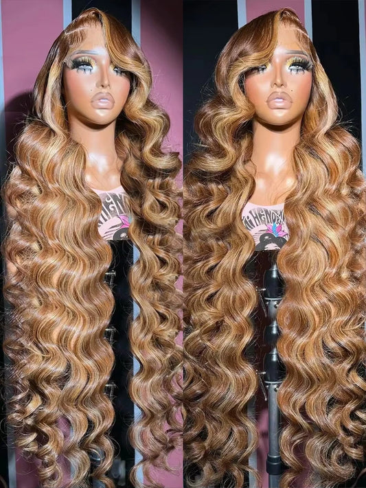 Colored Highlight Body Wave 13x6 HD Transparent Lace Front Human Hair Wigs Honey Blonde 13x4 Water Wave Frontal Wig For Women