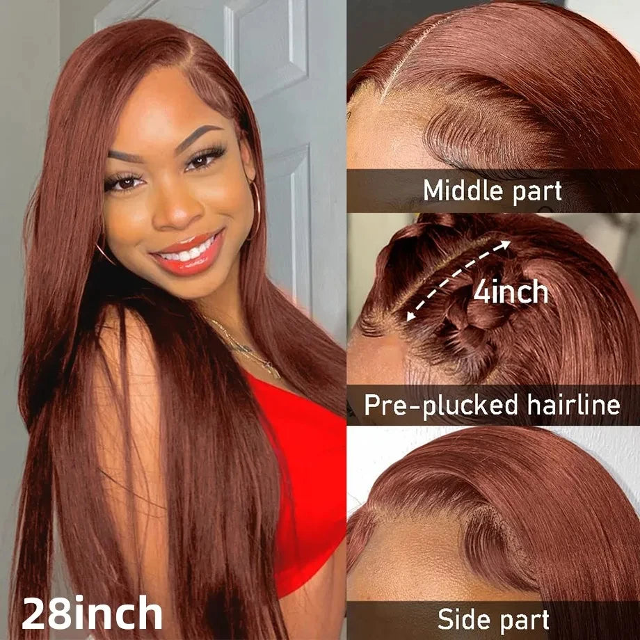 Reddish Brown Straight 13x6 HD Lace Frontal Human Hair Wig Pre Plucked 13x4 Lace Frontal Wigs Colored Brazilian 100% Human Wigs