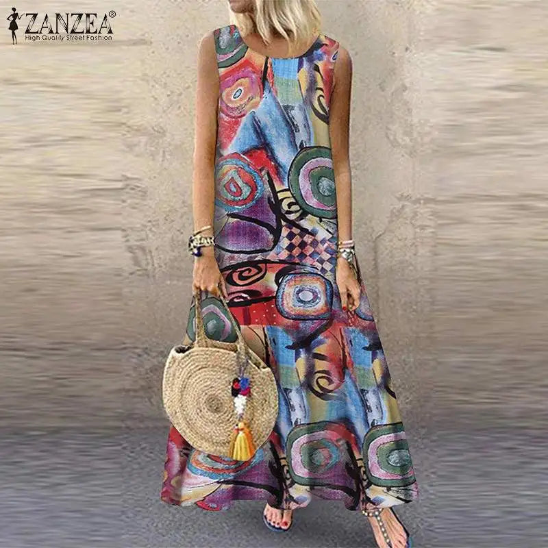 ZANZEA Bohemian Floral Printed Dress Women Vintage Sleeveless O Neck Beach Sundress Summer Femme Fashion Vestido Robe Sarafans