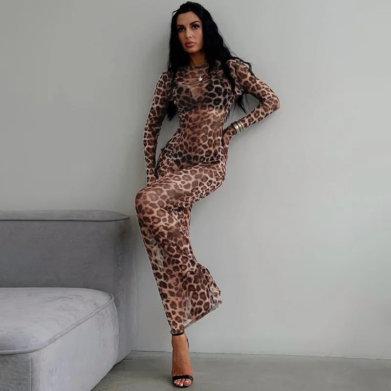 Leopard Print Sexy Mesh See Through Party Club Birthday Dresses for Women Summer Long Sleeve Y2K Streetwear Beach Dress Sundress