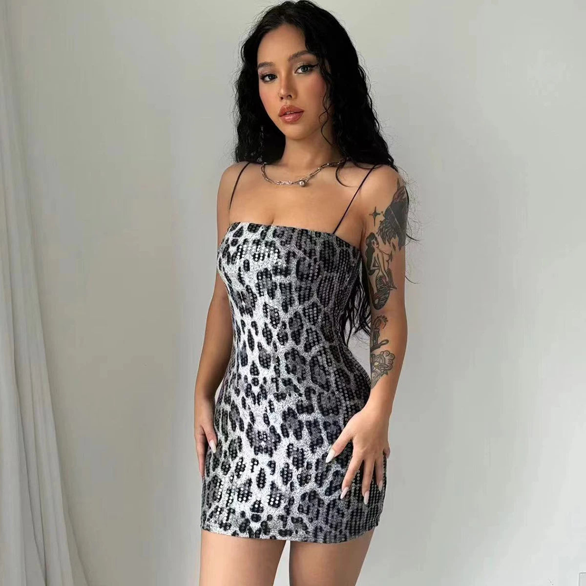 Dulzura Leopard Print Spaghetti Shoulder Strap Square Collar Mini Dress Sparkly Sequins 2023 Summer Women Party Club Y2K Clothes