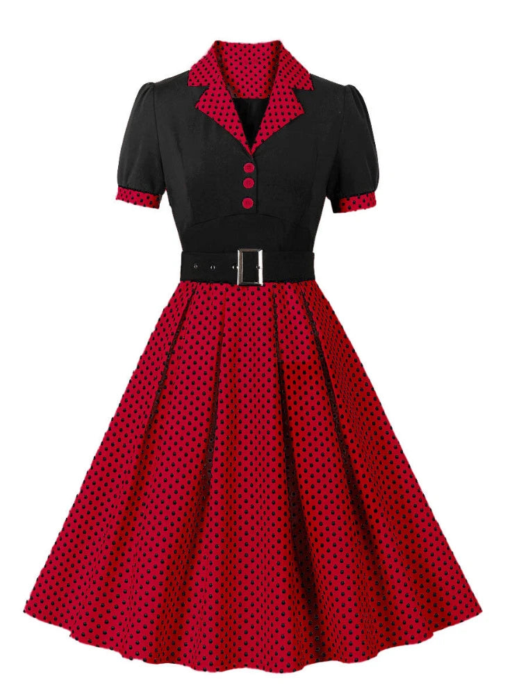 2024 New Fashion Polka Dot Vintage Pleated Dresses Retro Notched Collar Elegant Summer Women Short Sleeve Belted 1950s 60s Dress