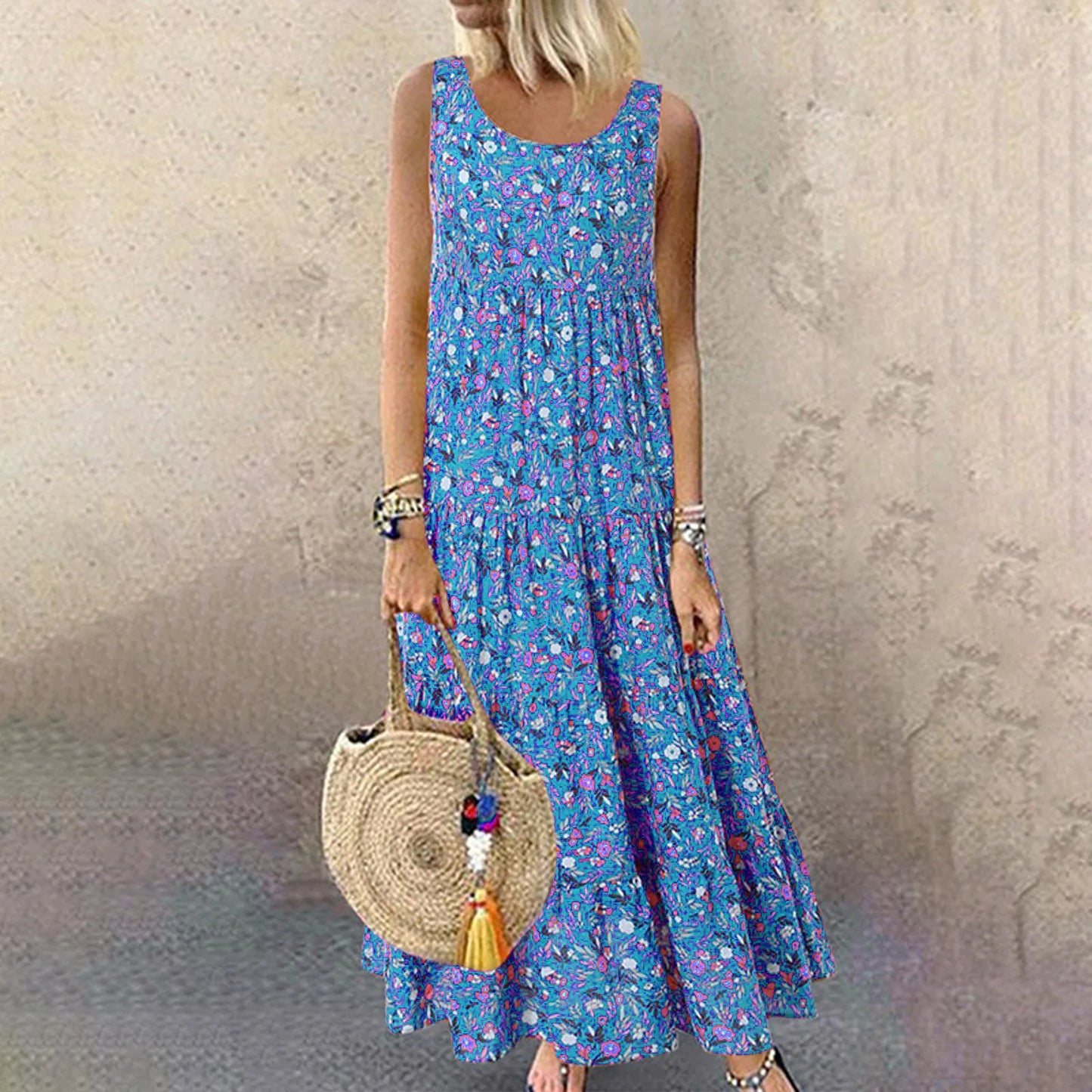 Women Floral Print Bohemian Casual Dress 2024 New Summer Sleeveless O-Neck Plus Size Dress Holiday Beach Large Sundress 4XL 5XL