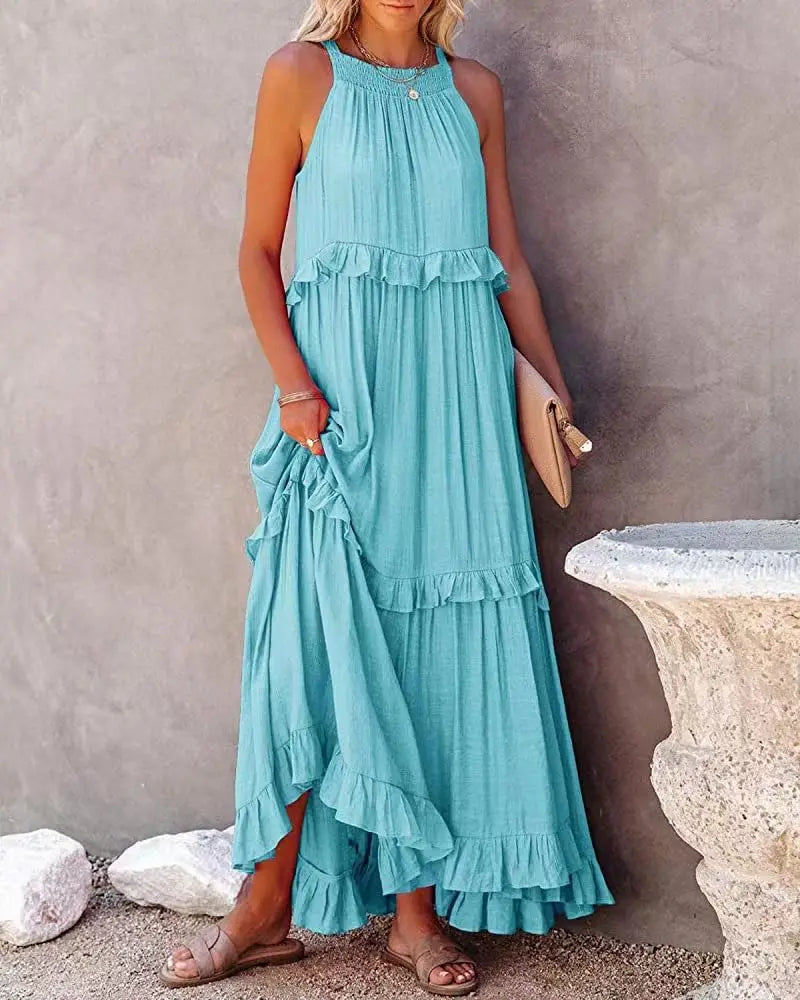 Women Casual Solid Ruffles Long Dress Summer Elegant Sleeveless Sundress Elegant Harajuku Maxi Dress Beach Party Evening Vestido