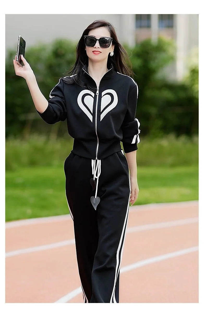 Women's 2024 Autumn Winter New Casual Sports Suit Stand Collar Zippered Sweater Coat Tops Wide Leg Pants Two Piece Set Plus Size