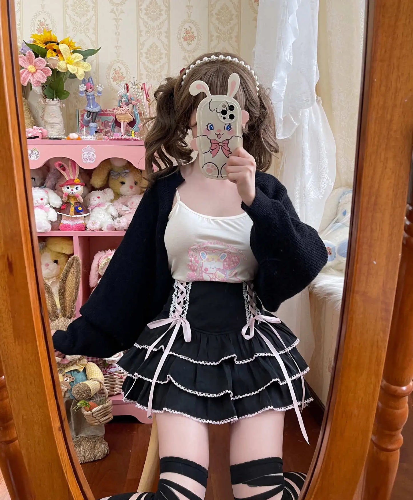 Japanese Harajuku Girls Kawaii Lace Pleated Skirts Women High Waist Bow Lace-up Fairy Y2k Aesthetic Cute Cake Mini Skirts